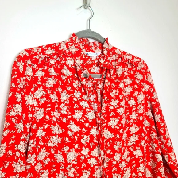 ZARA Floral Print Ruffles Tie Front Shirt Blouse Red - Picture 5 of 12